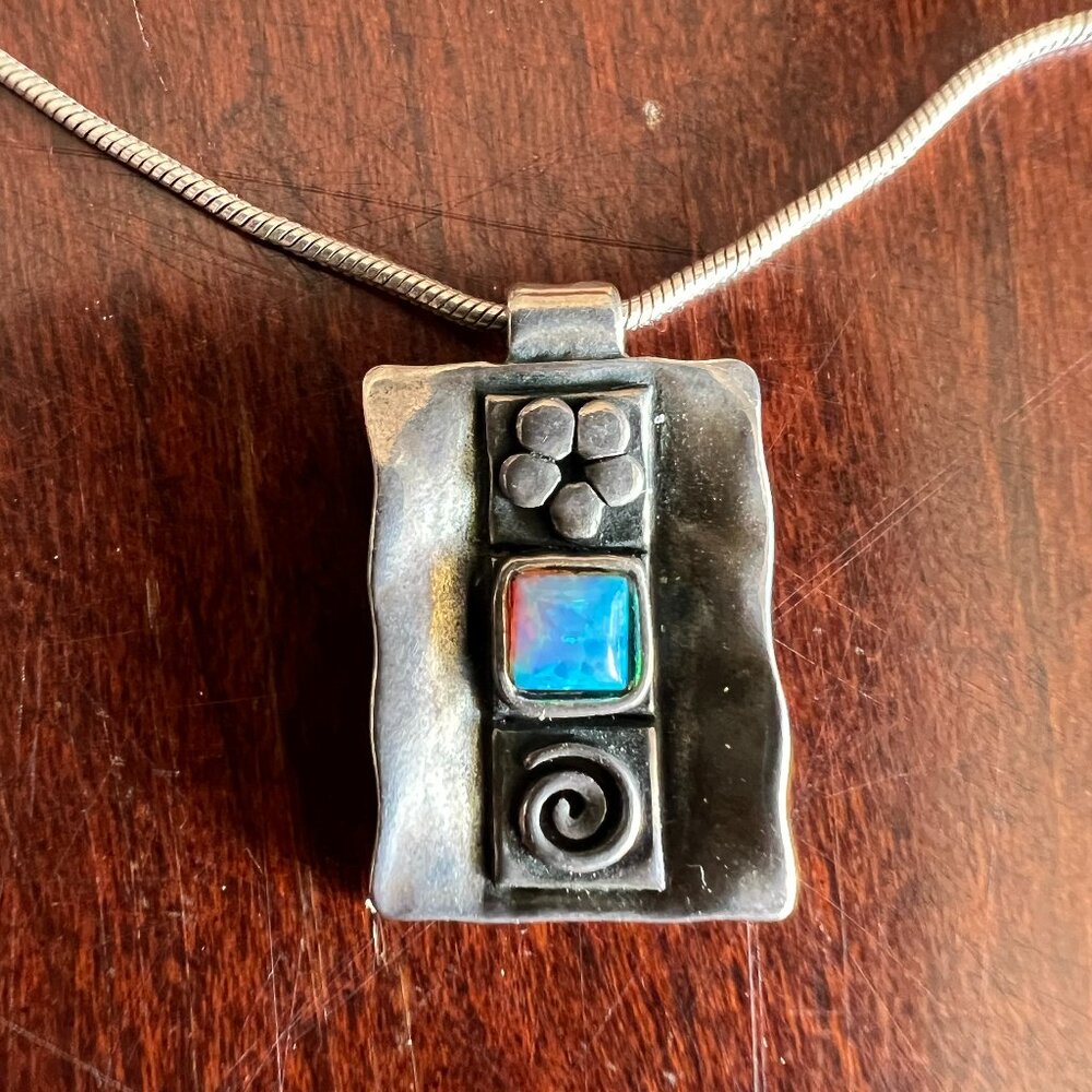 Vintage Artisan Handmade Sterling and Opal Pendant and Chain 16"
